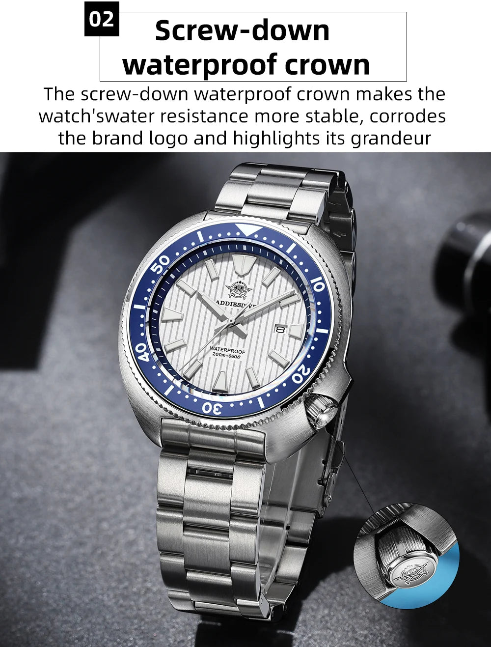 ADDIESDIVE Men's Watch Stainless Steel Sapphire Crystal Quartz Watch Men's Luminous 200M Waterproof Gift Men's Analog Watch