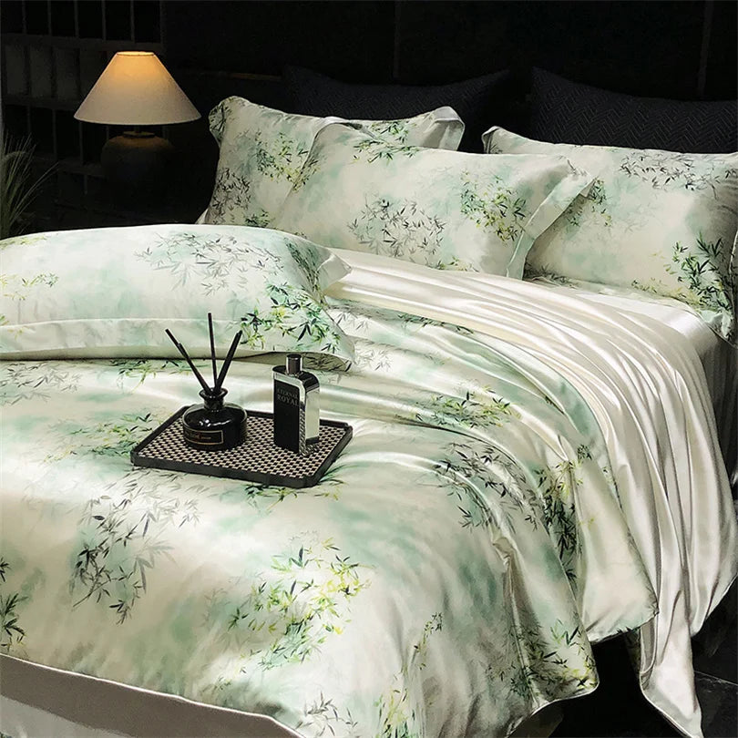 Floral Silk Bedding Set with Duvet Cover Bed Sheet Pillowcase Luxury Couple Single Double King Queen Soft Bedsheet Nordic Smooth
