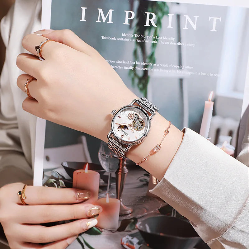 Fashion Brand Women Automatic Mechanical Watches Diamond Wristwatch Ladies Moon Plate Business Dress Waterproof Luminous Clock
