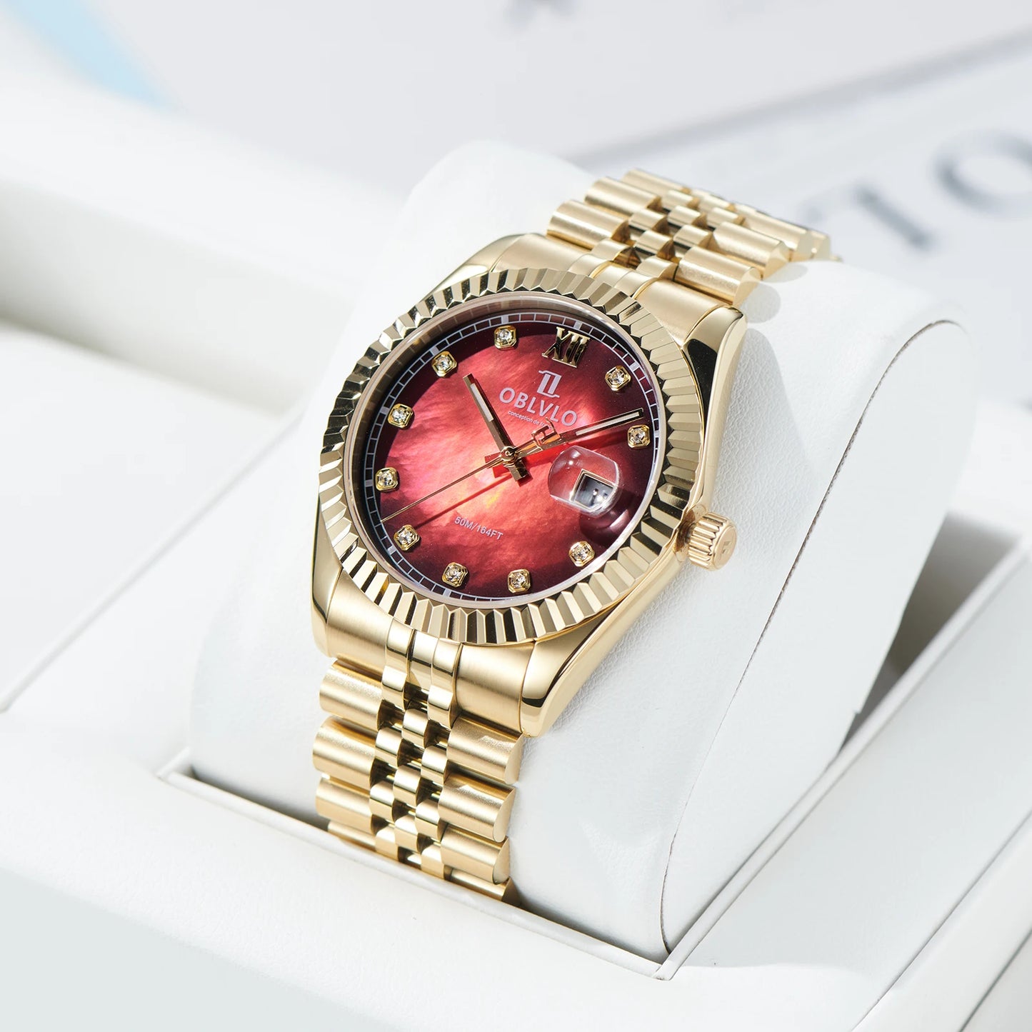 OBLVLO Men's Elegant Yellow Gold Red Dial Bracelet Quartz Watch with Date Fashion Green Dial Business Watches for Men RX-PE