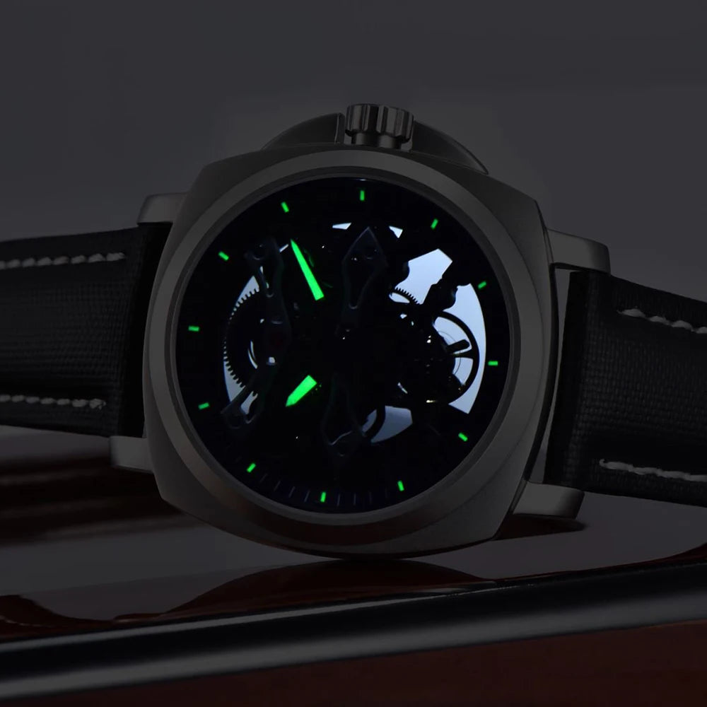 PAGANI DESIGN Herren Sportuhr, mechanische Automatik, quadratisches Design, Leder, wasserdicht, leuchtend, Geschenkidee für Feste, Herrenuhr + Box