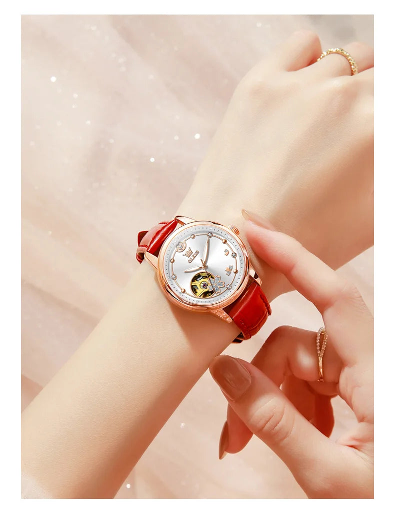 OLEVS Original Rhinestone Flower Design Watch Women's Luxury Rose Gold Watch Wine Red Automatic Mechanical Watch Birthday Gift