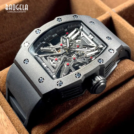 BAOGELA Black Stainless Steel Watch Men Military Sport Analog Quartz Wristwatch with Silicone Strap Luminous Hands Relogio 4147