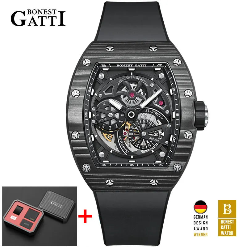 BONEST GATTI Men Automatic Movement Mechanical Watch Carbon Fiber Bezel Tonneau Luminous Case Fluororubber Strap Watches For Men