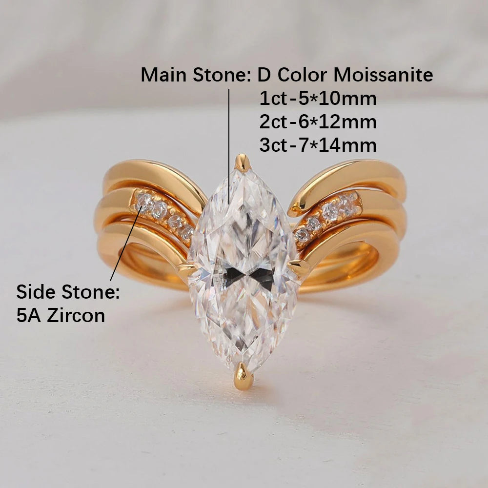 BXINY Marquise Cut Moissanite Ring Set S925 Silver Plate 18K Gold for Women GRA Certified Lab Diamond Wedding Band Gifts Jewelry