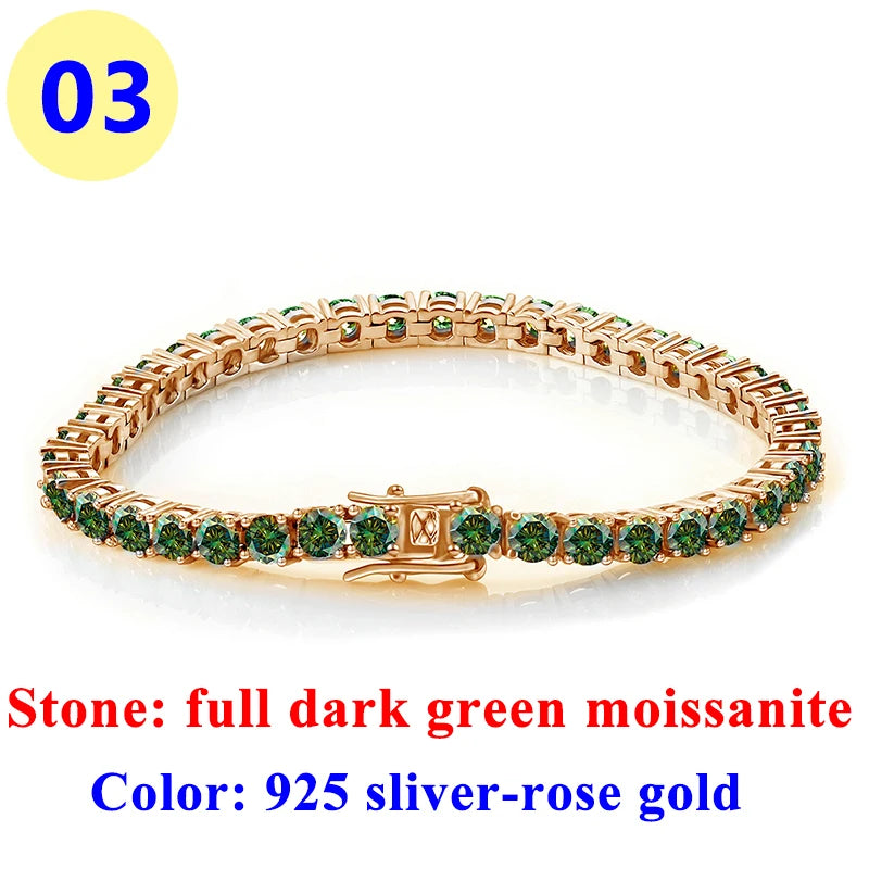 3MM Pink Full Moissanite Tennis HipHop Blue Green Yellow Purple Bracelet S925 Sliver Plated White Gold Bracelet for Women Men