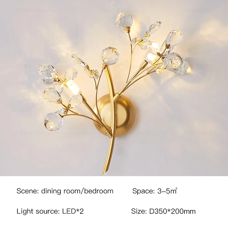 Luxury Crystal Flower Ceiling Light Gold LED Branch Tree Chandelier For Living Room Bedroom Villa Hotel Decor Bedside Wall Lamp