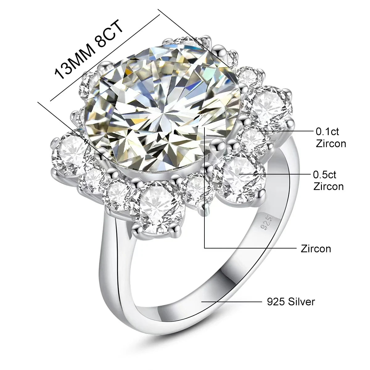 Massive Round Cut 13mm 8ct Moissanite Ring With Certification Luxury Wedding Fine Jewelries For Women Engagement Gift Pass Test