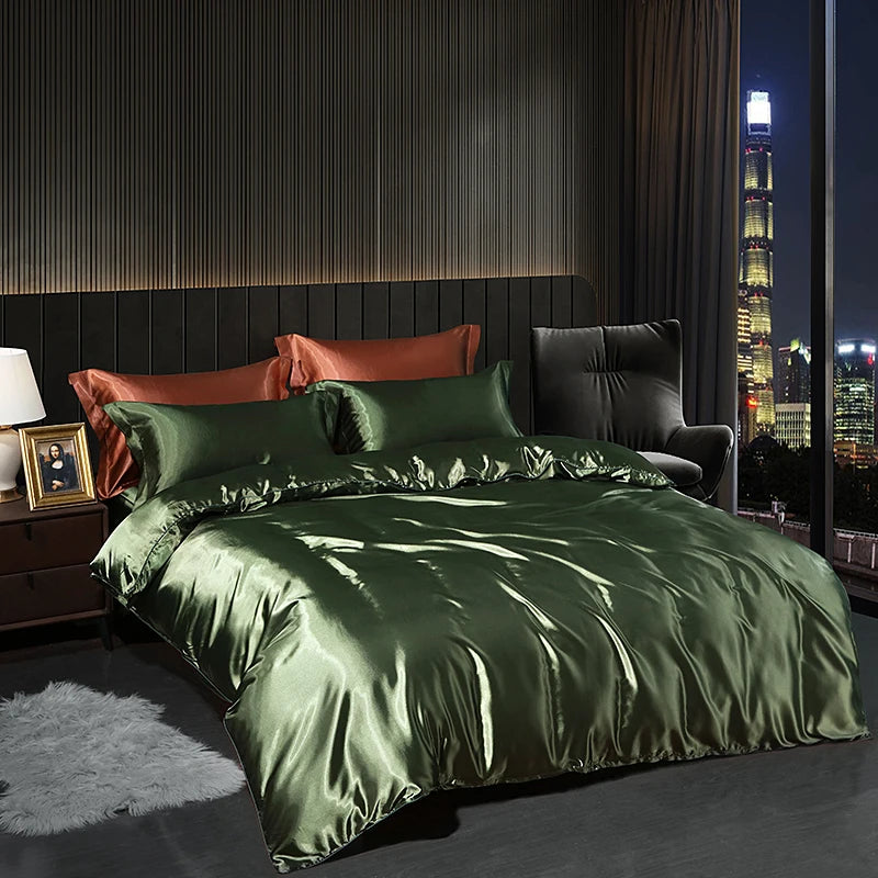 Luxury Satin  Bedding Set With Flat Sheet Duvet Cover High End Bedding Set  High Density Satin  Solid Color Bedding