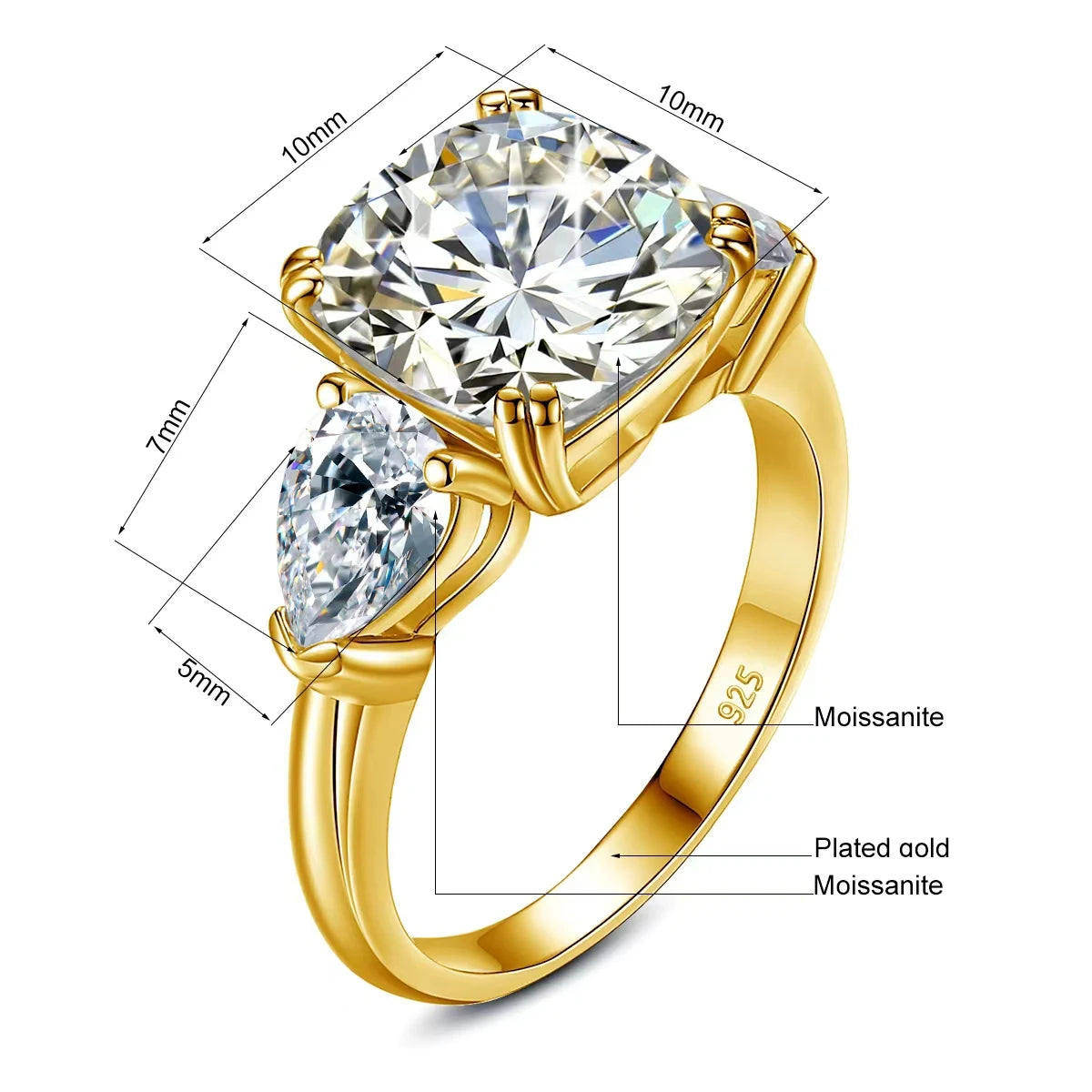 5ct Cushion Cut 3 Stone Moissanite Ring Gold With GRA Certificate D Color VVS1 Eternity Engagement Jewelry For Women Gifts Sale