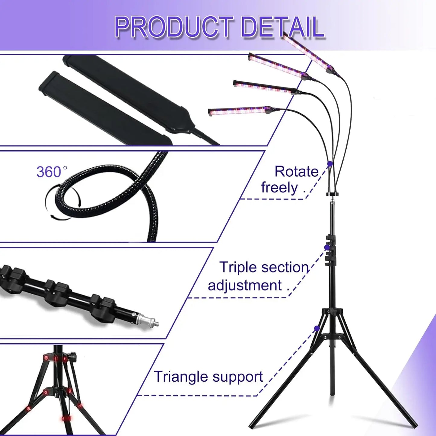 60W Tanning Lamp 4-Head UV Tanning Machine 432 LEDS Blue Light Wavelength 460nm & 490nm 360° Rotation Solarium Tanning Light
