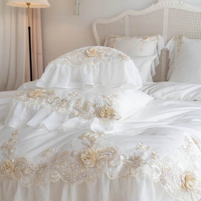 White Lace Embroidery Princess Bedding Set Luxury High End France Style Egyptian Cotton Duvet Cover Sets Bed Sheet Pillowcases