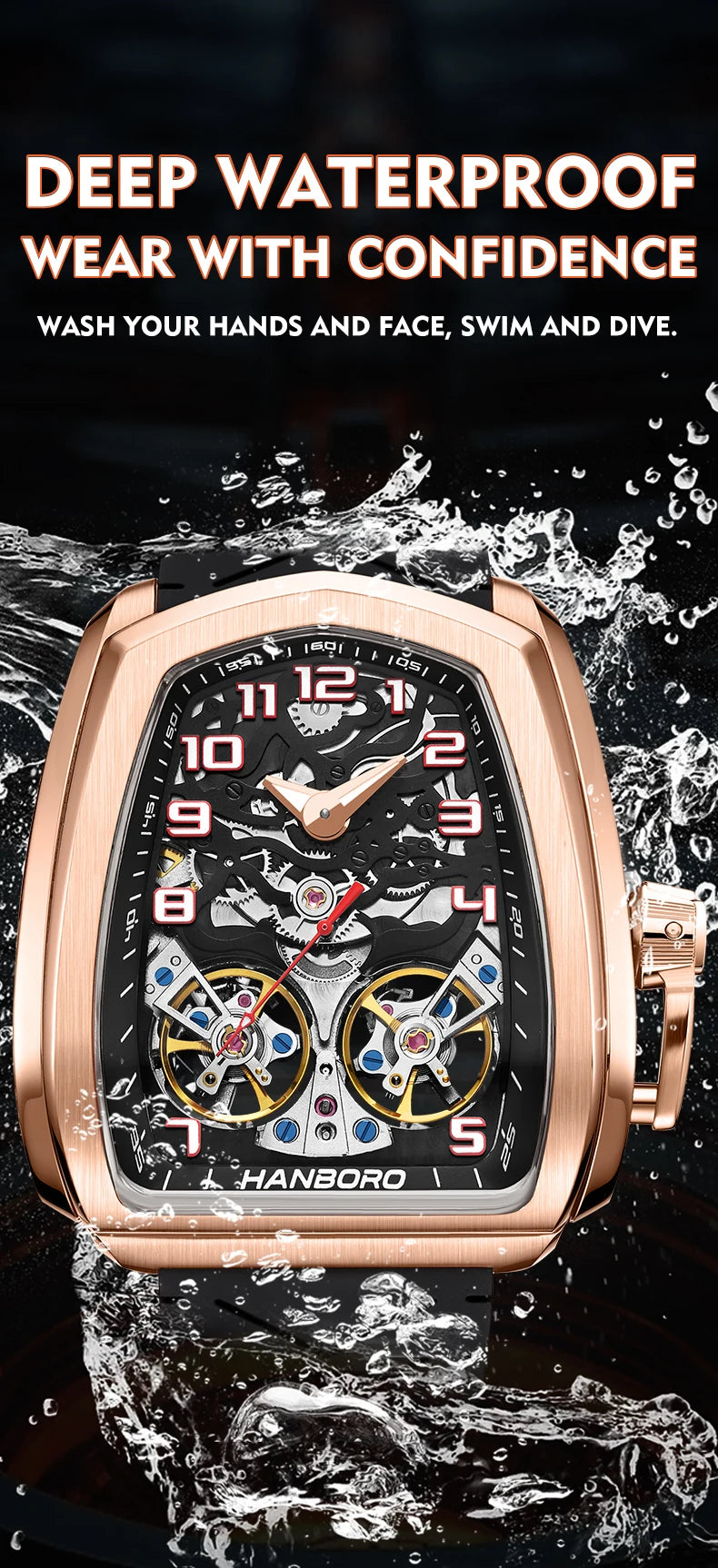 HANBORO fully automatic mechanical men's watch hollowed out wristwatch trend waterproof luminous watch