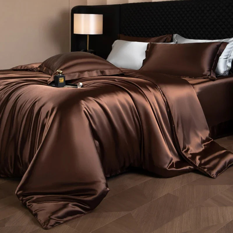 Silk Bed Sheets Set Luxury Bedding Set with Duvet Cover Fitted/Flat Bedheet Pillowcases Mixed with Rayon King Queen Full Twin