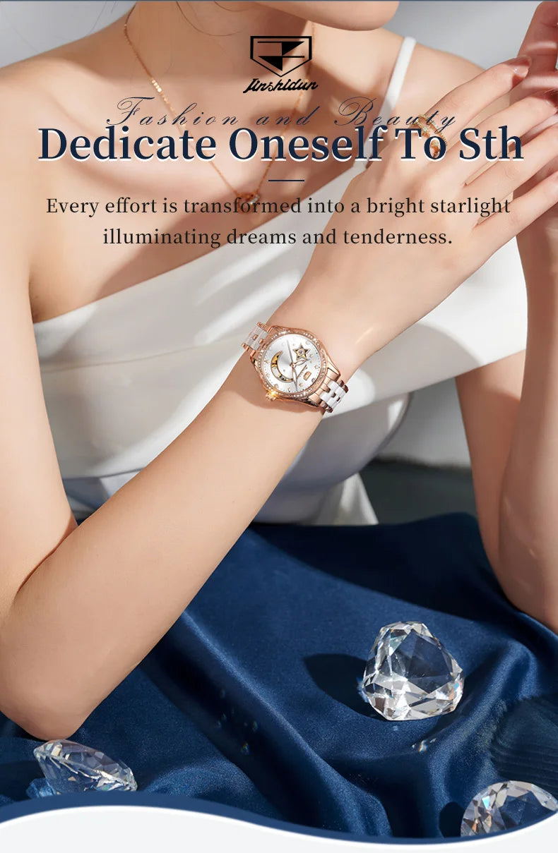 JSDUN Fashion Ceramic Skeleton Women Automatic Mechanical Watches New Luxury Ladies Watch Original Waterproof Lady Wrist Watch