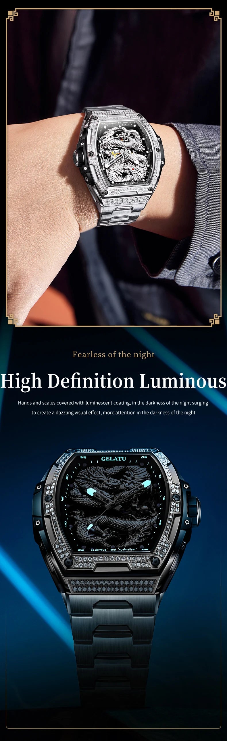 GELATU 6021 Men's Watch Fashion Automatic Mechanical Watch For Men Hollow Waterproof Luminous Dragon Dial Luxury Man Wristwatch
