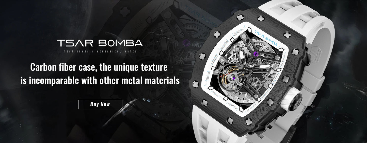 TSAR BOMBA Automatic Watch for Men Waterproof Watch Tonneau Stainless steel Mechanical Wristwatch Silicone Strap Luxury Gift