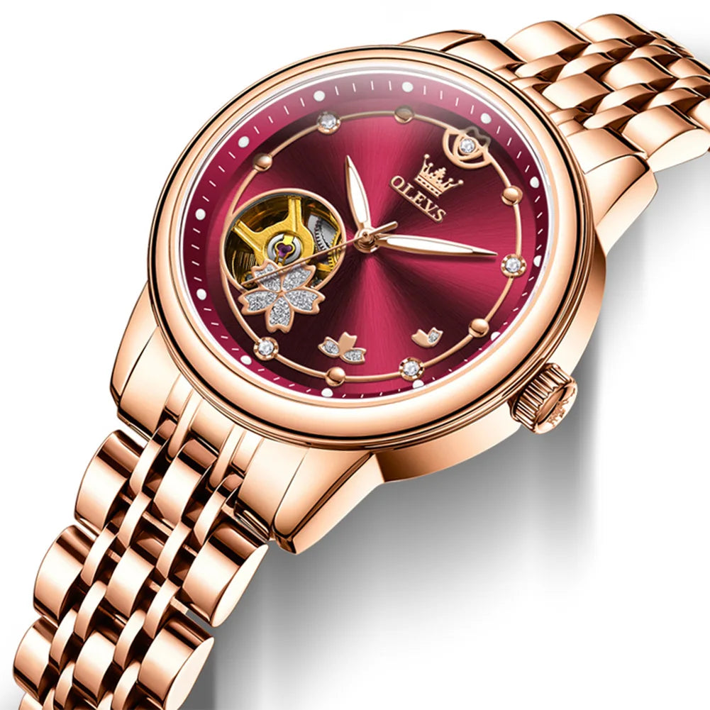 OLEVS Original Rhinestone Flower Design Watch Women's Luxury Rose Gold Watch Wine Red Automatic Mechanical Watch Birthday Gift