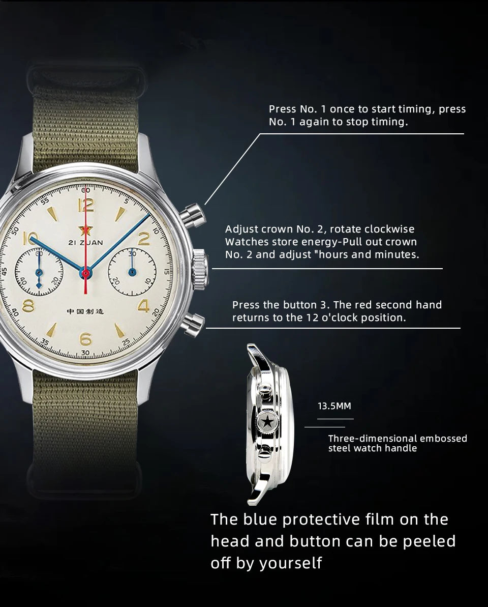 RED-STAR 38mm Men's 1963 Chronograph Mechanical Watch Pilot with Seagull Movement ST1901 Air Force Aviation Sapphire Goose 40mm