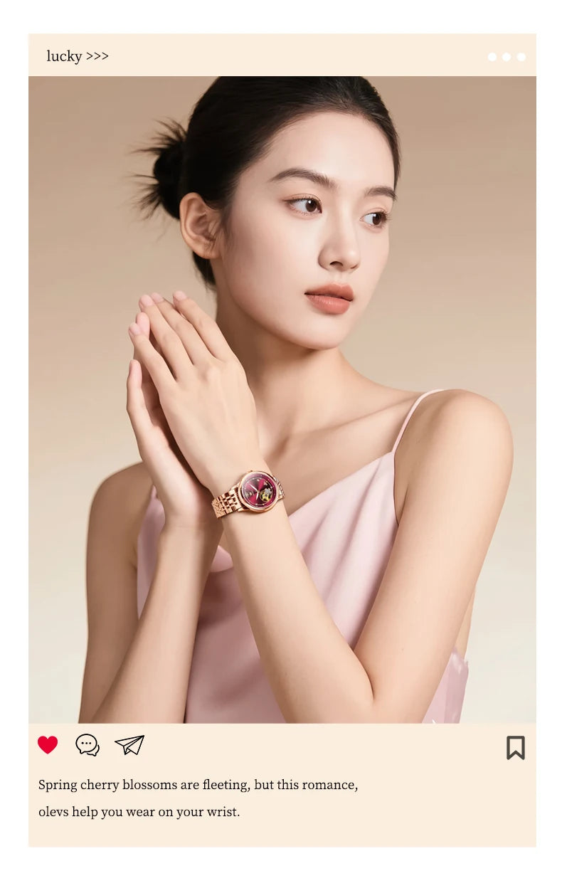 OLEVS Original Rhinestone Flower Design Watch Women's Luxury Rose Gold Watch Wine Red Automatic Mechanical Watch Birthday Gift
