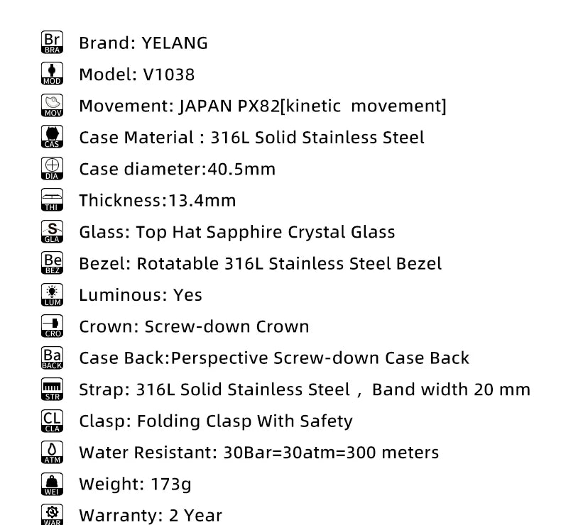 Yelang V1038 40mm Men Diving Watch Human Kinetic Energy Watch Brand Watch 300m Waterproof Watch luminous Japan PX82 Sapphire