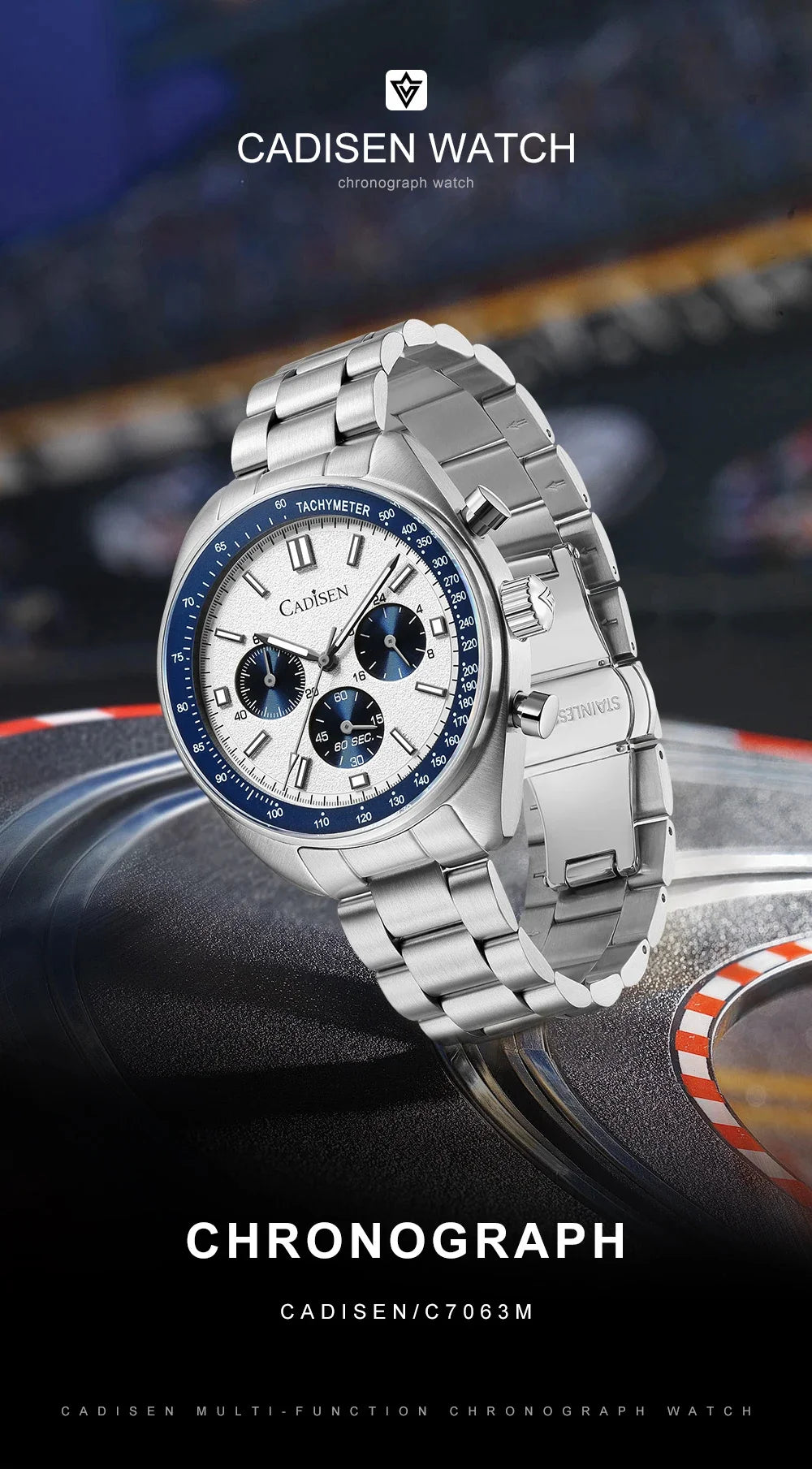 CADISEN Men's Sport Chronograph Watch Japan VD53 Movt Quartz Watches Sapphire Glass Stainless Steel Wristwatch For Men