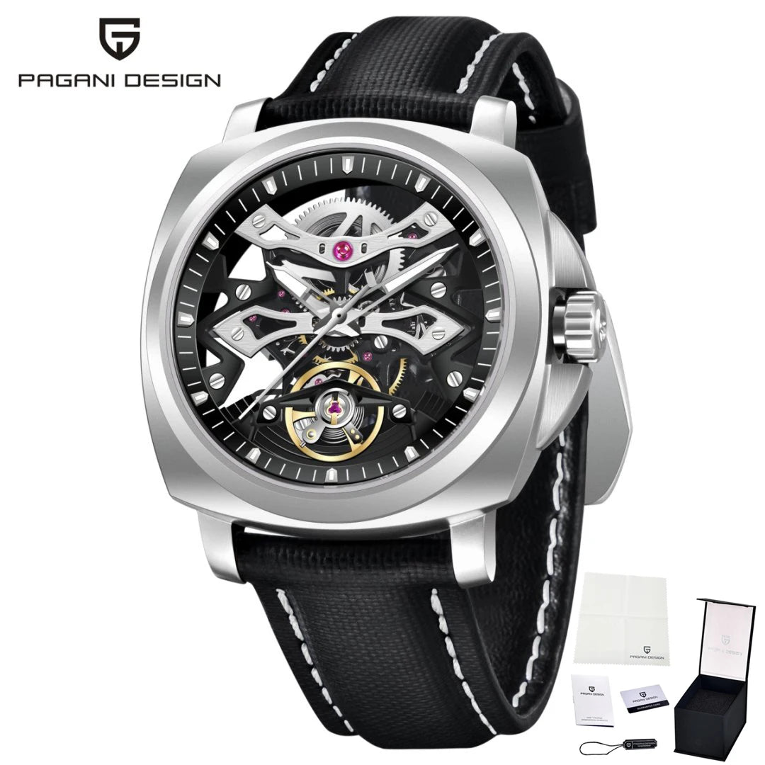 PAGANI DESIGN Herren Sportuhr, mechanische Automatik, quadratisches Design, Leder, wasserdicht, leuchtend, Geschenkidee für Feste, Herrenuhr + Box