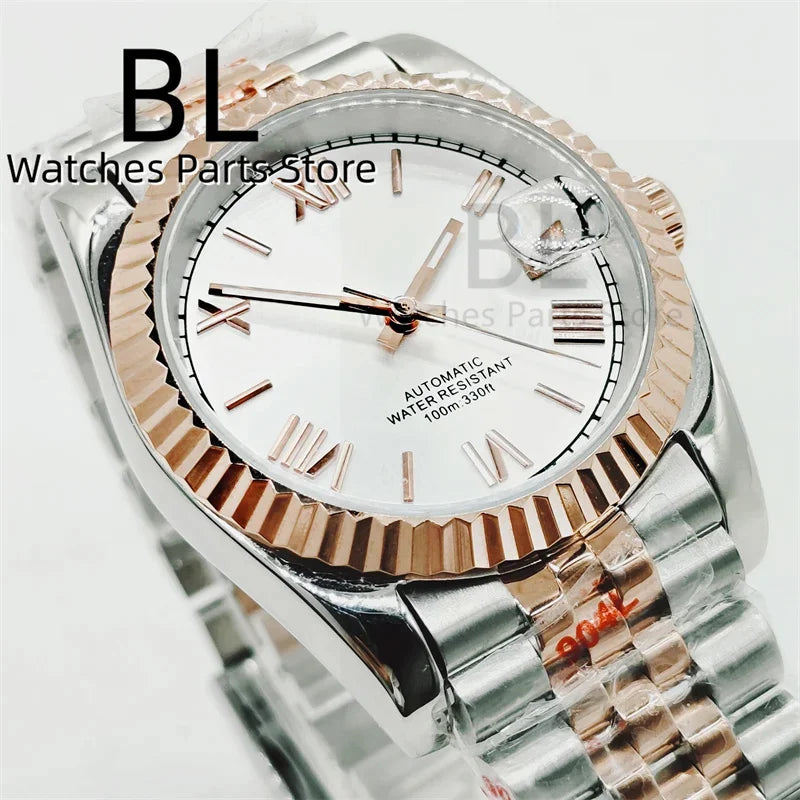 BLIGER 36mm39mm Two-tone Rose Gold Black Dial Watch For Men Date Fluted Bezel Sapphire Glass Rose Roman Index Jubille Bracelet
