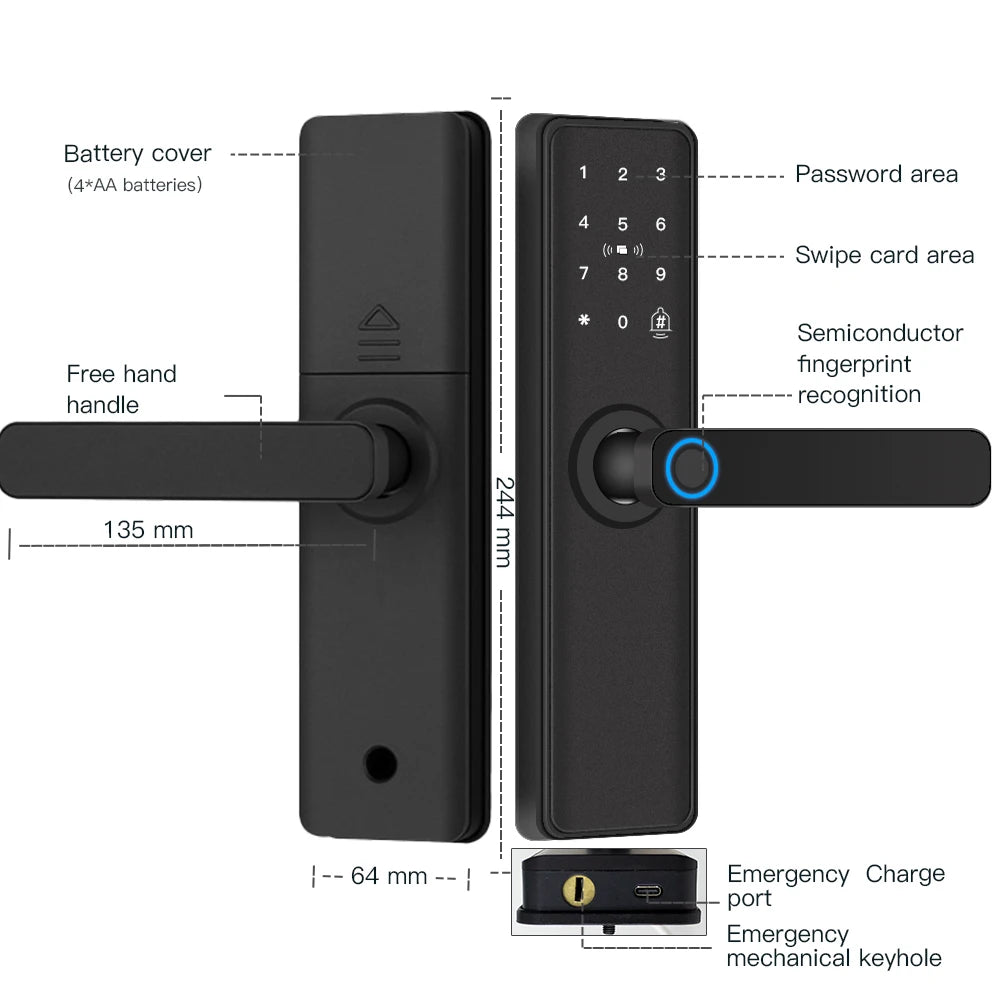 2025 Smart Door Lock With Bluetooth-compatible TTLock APP Digital Electronic Lock Smart Home Wooden Door Lock Fingerprint