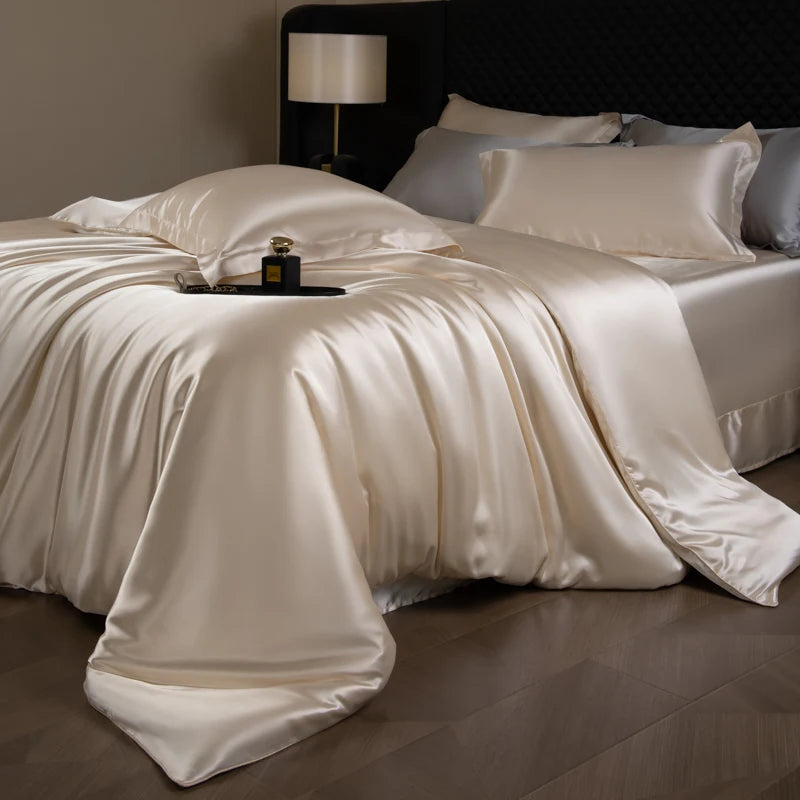 Silk Bed Sheets Set Luxury Bedding Set with Duvet Cover Fitted/Flat Bedheet Pillowcases Mixed with Rayon King Queen Full Twin