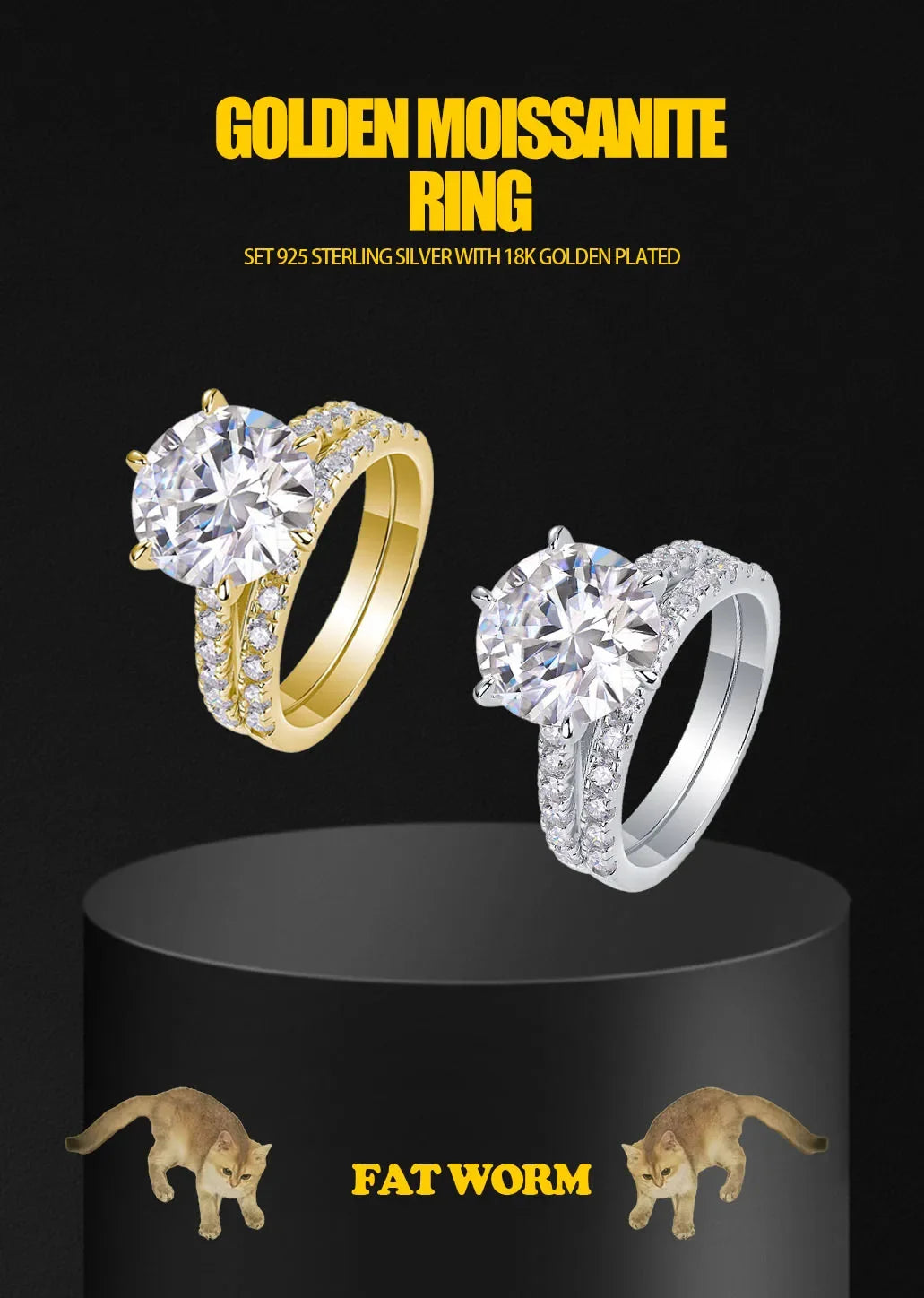 5.75CTW Moissanite Engagement Ring Set 2pcs, Round Cut, 925 Sterling Silver 18K Gold Plated, Classic Wedding Bridal Jewelry Gift