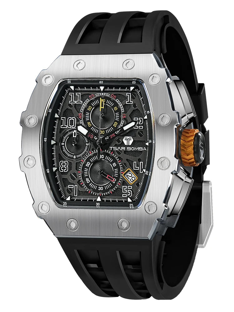 TSAR BOMBA Watch for Men Top Brand Luxury Waterproof Quartz Wristwatch Tonneau Clock Gift Chronograph Rectangle Mens Watch