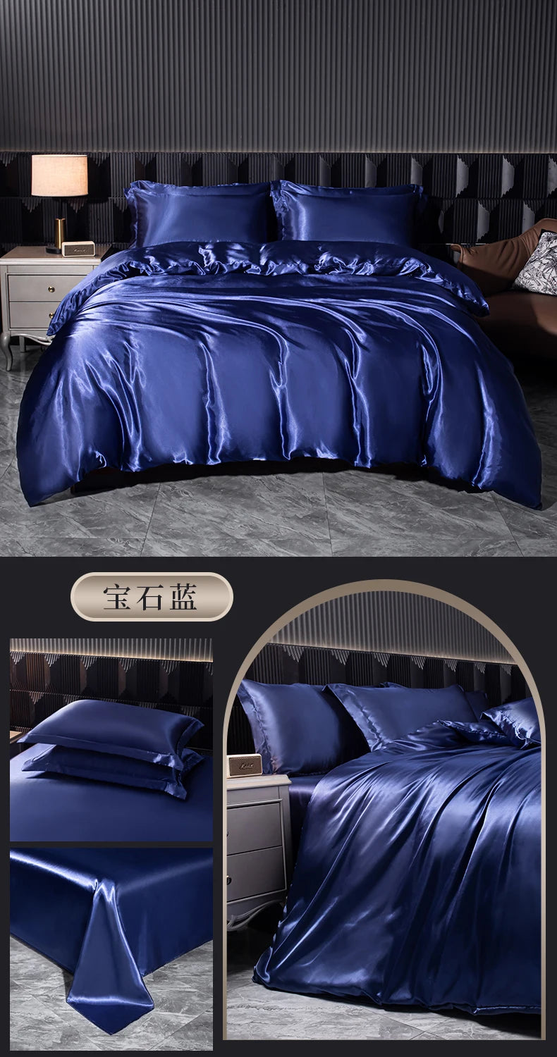 Solid Silk Bedding Set with Duvet Cover Bed Sheet Pillowcases Luxury Satin Single Double Bedsheet King Queen Twin Size