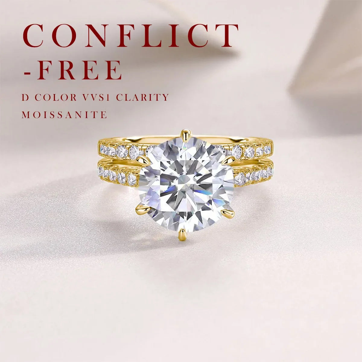 5.75CTW Moissanite Engagement Ring Set 2pcs, Round Cut, 925 Sterling Silver 18K Gold Plated, Classic Wedding Bridal Jewelry Gift