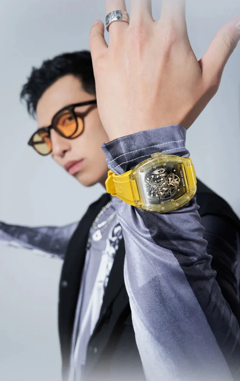 BONEST GATTI 2025 New Men Automatic Watch Tonneau Mechanical Wristwatch Acylic Case Sapphire Lume Hollow Out Dial Fluororubber