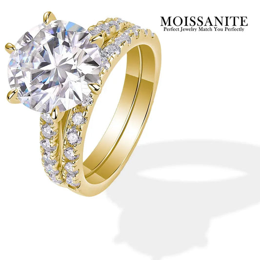 5.75CTW Moissanite Engagement Ring Set 2pcs, Round Cut, 925 Sterling Silver 18K Gold Plated, Classic Wedding Bridal Jewelry Gift