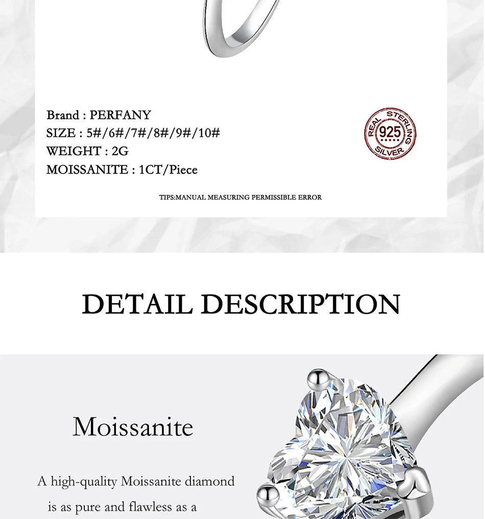PERFANY 0.5/1/2CT Heart-Shaped Cut Moissanite Women's Ring S925 Pure Silver Laboratory Certified Diamond Wedding Luxury Jewelry
