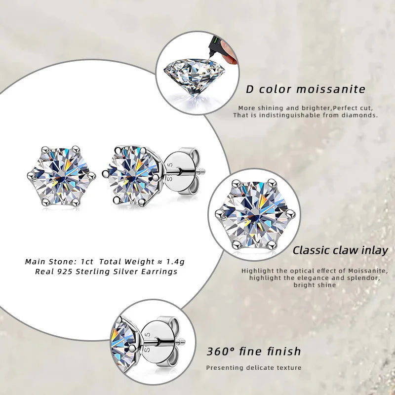 Butterflykiss Real 1 CT D Color Moissanite Stud Earrings For Women Top Quality 925 Sterling Silver Sparkling Wedding Jewelry