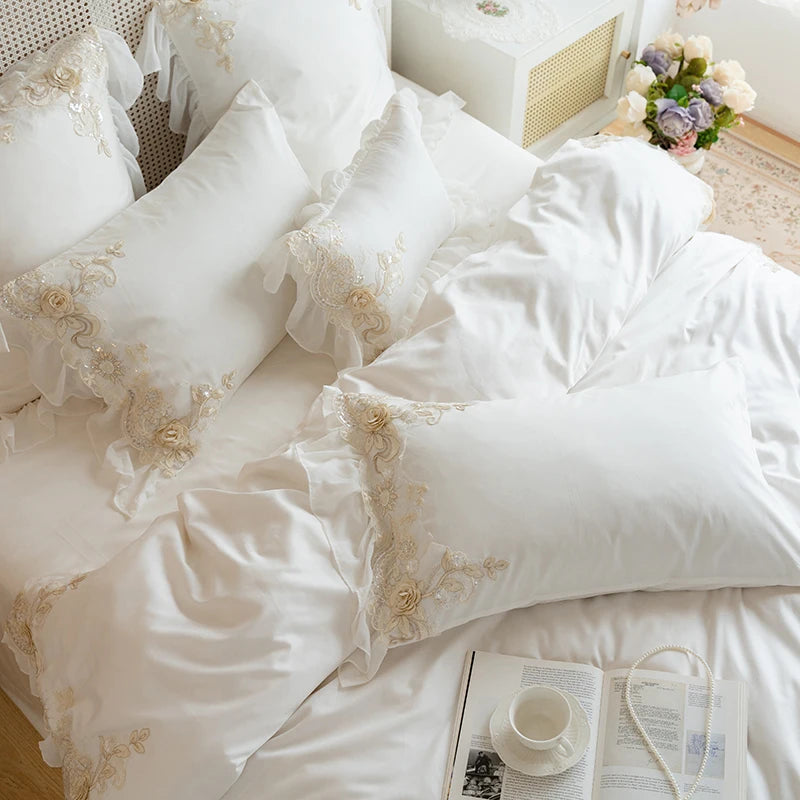 White Lace Embroidery Princess Bedding Set Luxury High End France Style Egyptian Cotton Duvet Cover Sets Bed Sheet Pillowcases