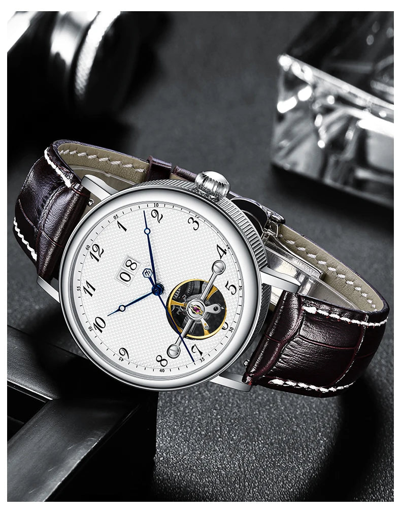 Montre homme haut de gamme Flywheel, montre de luxe à cadran Clous de Paris, étanche à 5 bars, mouvement mécanique automatique Seagull.