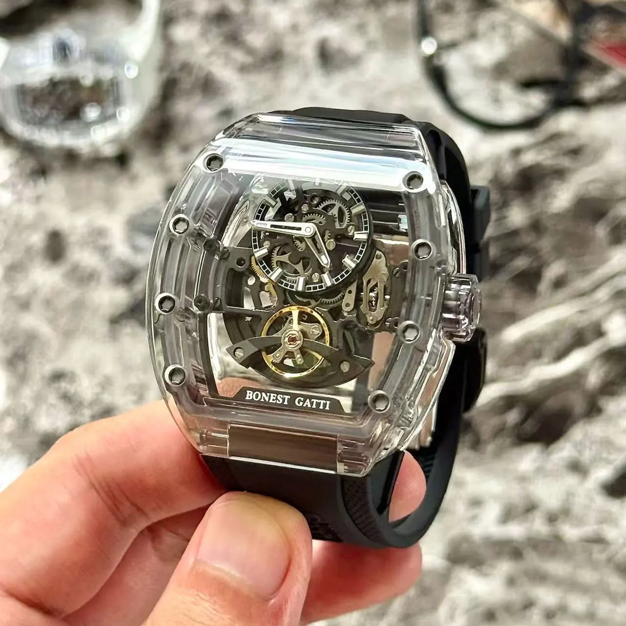 BONEST GATTI 2025 New Men Automatic Watch Tonneau Mechanical Wristwatch Acylic Case Sapphire Lume Hollow Out Dial Fluororubber