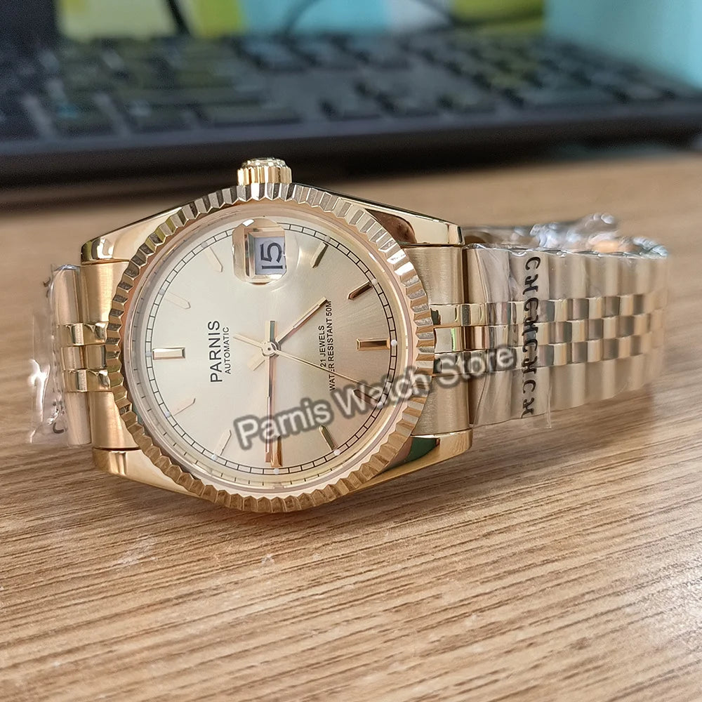 Parnis 36mm Gold Color Luminous Mark Automatic Men's Wristwatch 5 ATM Stainless Steel Jubilee Bracelet