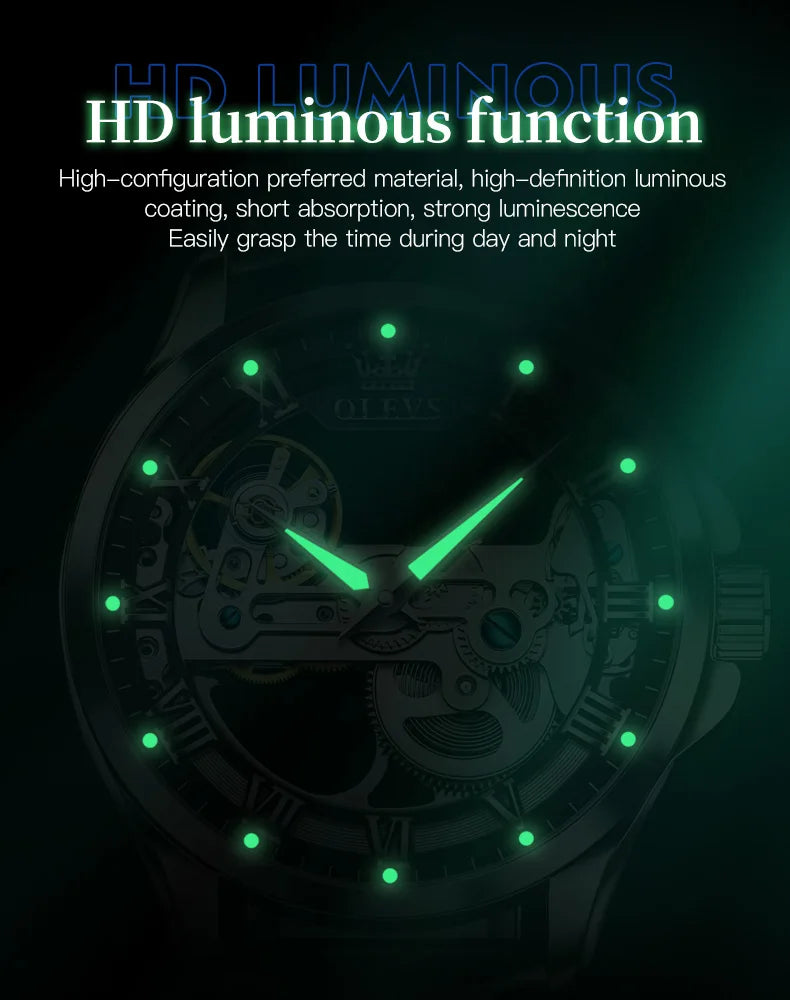 OLEVS Trend Fashion Men's Watches Casual Leather Strap Hollow Out Self-winding Movement Original Automatic Mechanical Wristwatch