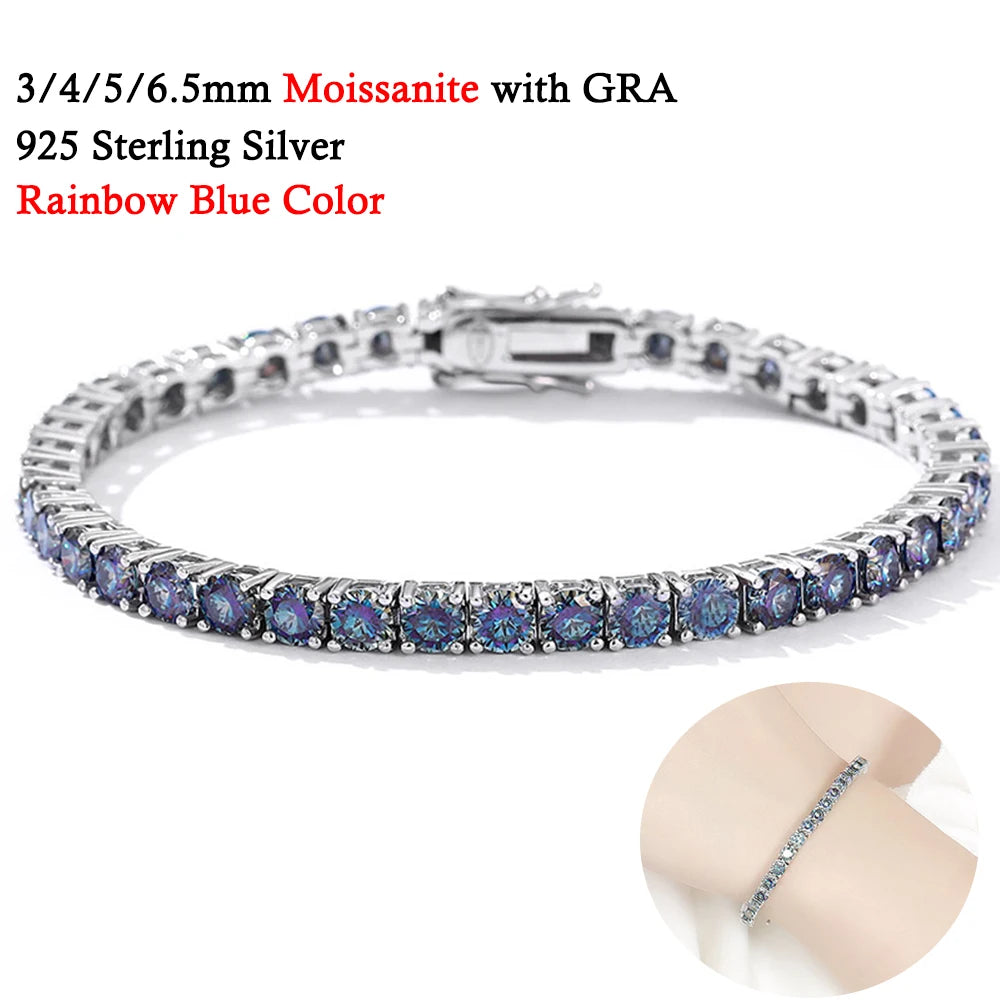 3/4/5/6.5MM Full Royal Blue Moissanite Tennis Bracelet for Women Men Original 925 Sterling Silver Wedding Party Jewelry with GRA