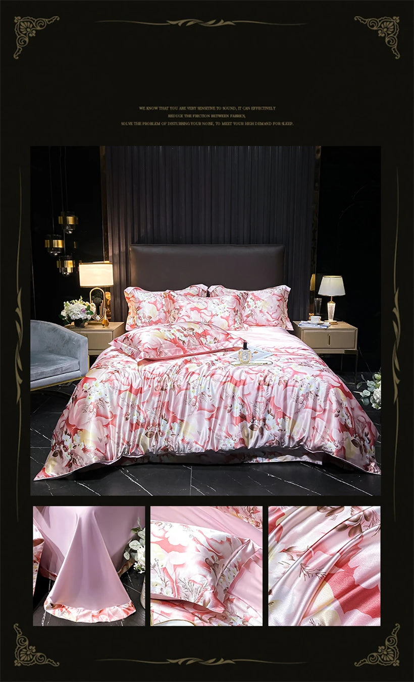 Floral Silk Bedding Set with Duvet Cover Bed Sheet Pillowcase Luxury Couple Single Double King Queen Soft Bedsheet Nordic Smooth