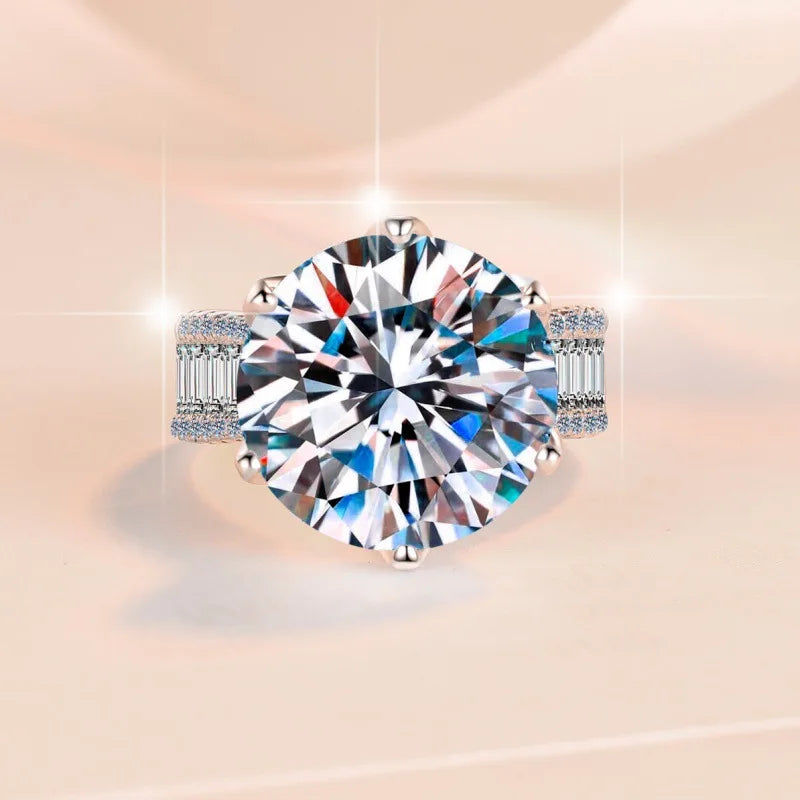 10 Carats 14mm Moissanite Ring Plated 18K Gold Brilliant Diamond 925 Sterling Silver Finger Band Women's Wedding Jewelry