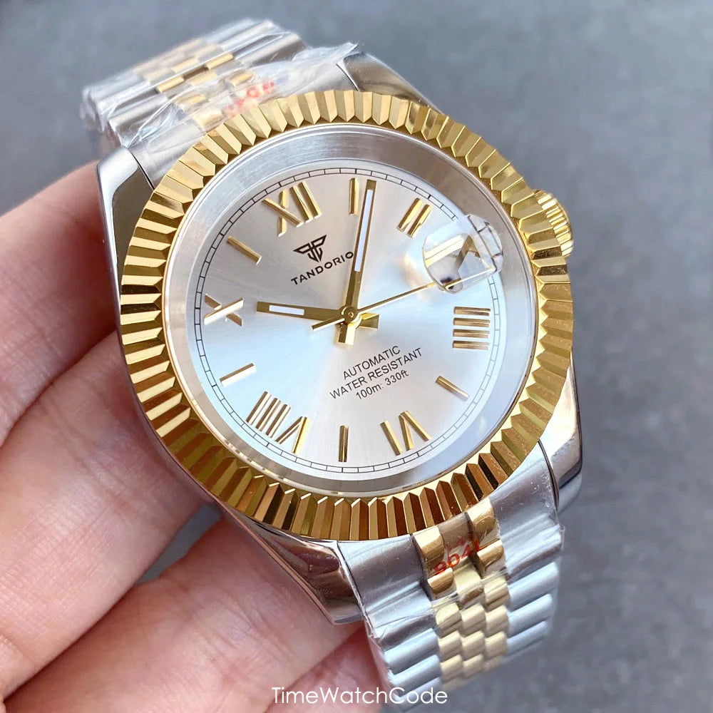 Montre automatique de luxe Tandorio Business pour homme, mouvement NH35A, cadran classique à chiffres romains, lunette cannelée, verre saphir, 36/39 mm