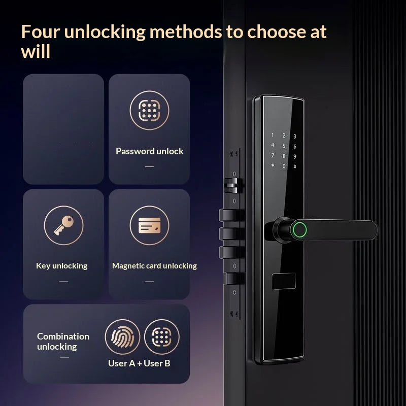 Smart Door Lock No Fingerprint - Password, IC Card & Key Entry. Anti-Theft with High-Decibel Alarm, Anti-EMP (Black Box) Protect