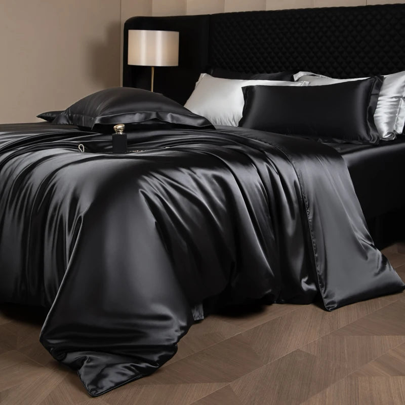 Silk Bed Sheets Set Luxury Bedding Set with Duvet Cover Fitted/Flat Bedheet Pillowcases Mixed with Rayon King Queen Full Twin