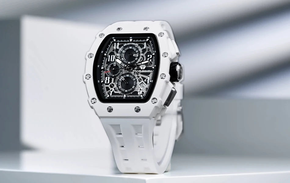 TSAR BOMBA Resin Watch for Men Tonneau Waterproof Mens Watches Top Brand Luxury Chronograph Sport Male White Wristwatches